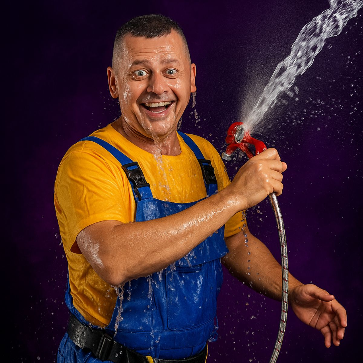 Image originale d'un plombier hilare trempé d'eau, générée avec ChatGPT pour une annonce Google Ads