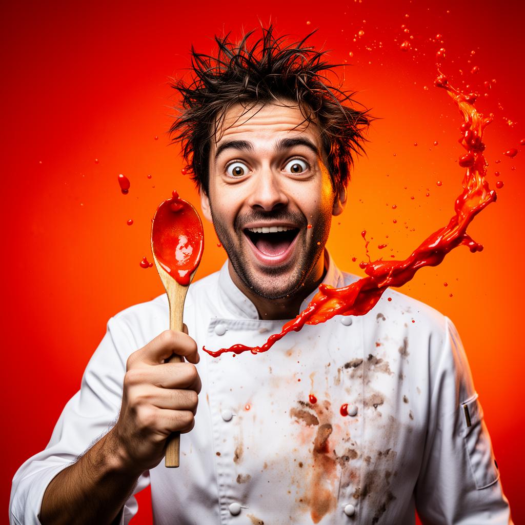 Image originale d'un chef cuisinier éclaboussé de sauce tomate, générée avec ChatGPT pour Google Ads