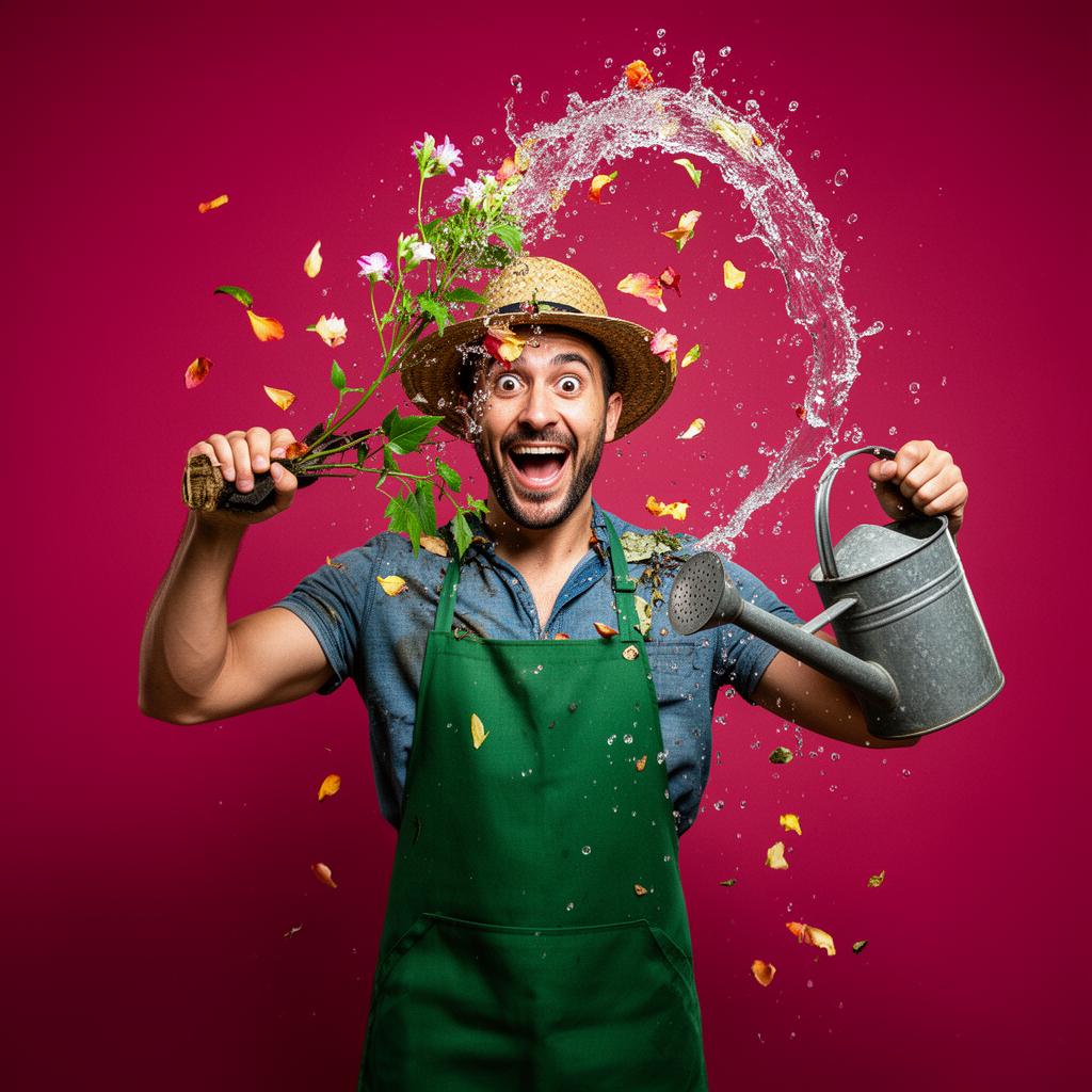 Image originale d'un jardinier hilare avec eau et pétales en suspension, générée avec ChatGPT pour Google Ads