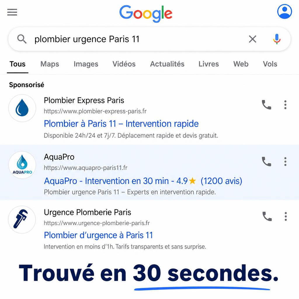 Exemple single image Meta Ads format fausse recherche Google pour un plombier